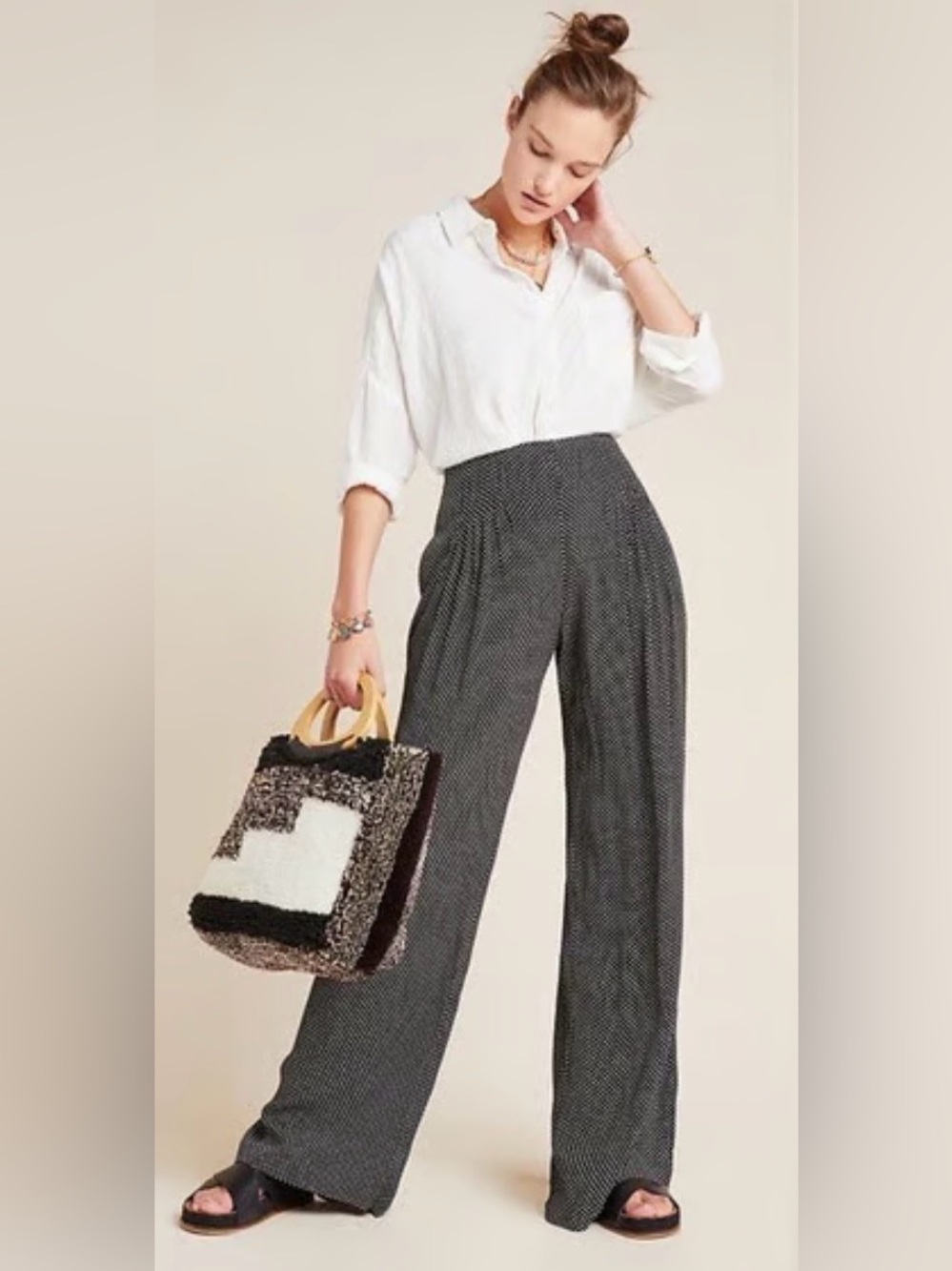 MAEVE by Anthropologie Pleated Wide-Leg Trouser Black/White Polka Dots Women's 4